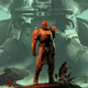 A lone warrior in sci-fi armor stands in front of a large alien with giant tusks.